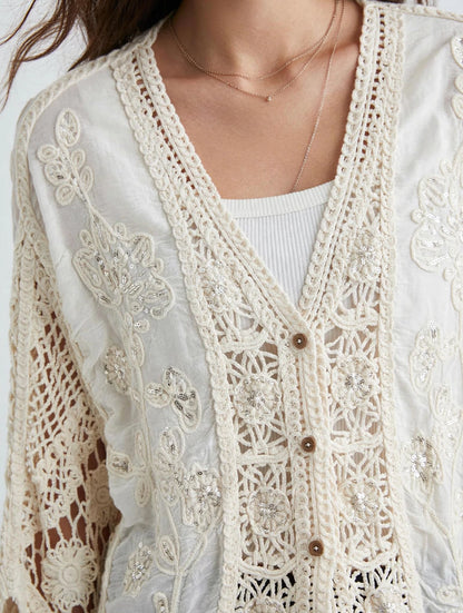 Glamè Off White Boho Crochet Cardigan with Sequin Embroidery  
#00297