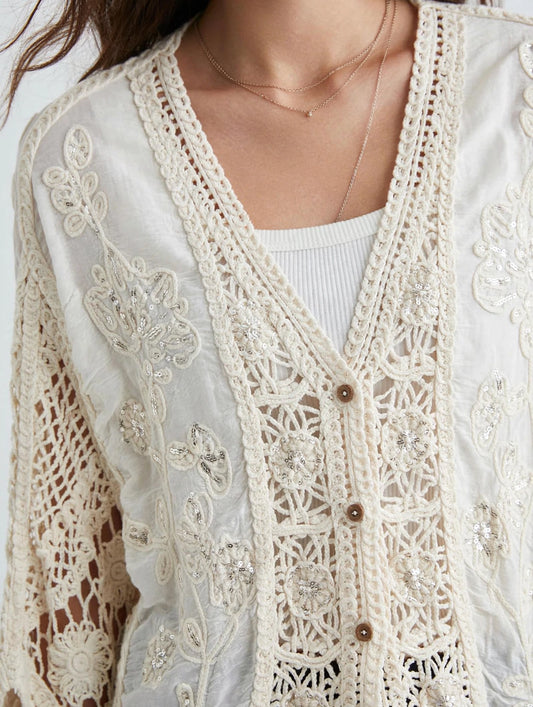 Glamè Off White Boho Crochet Cardigan with Sequin Embroidery  
#00297