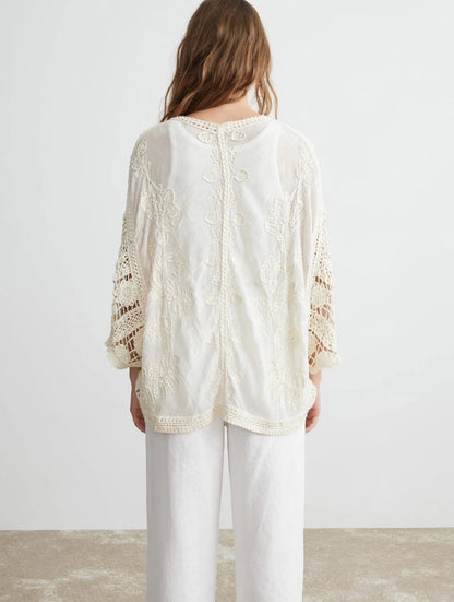 Glamè Off White Boho Crochet Cardigan with Sequin Embroidery  
#00297