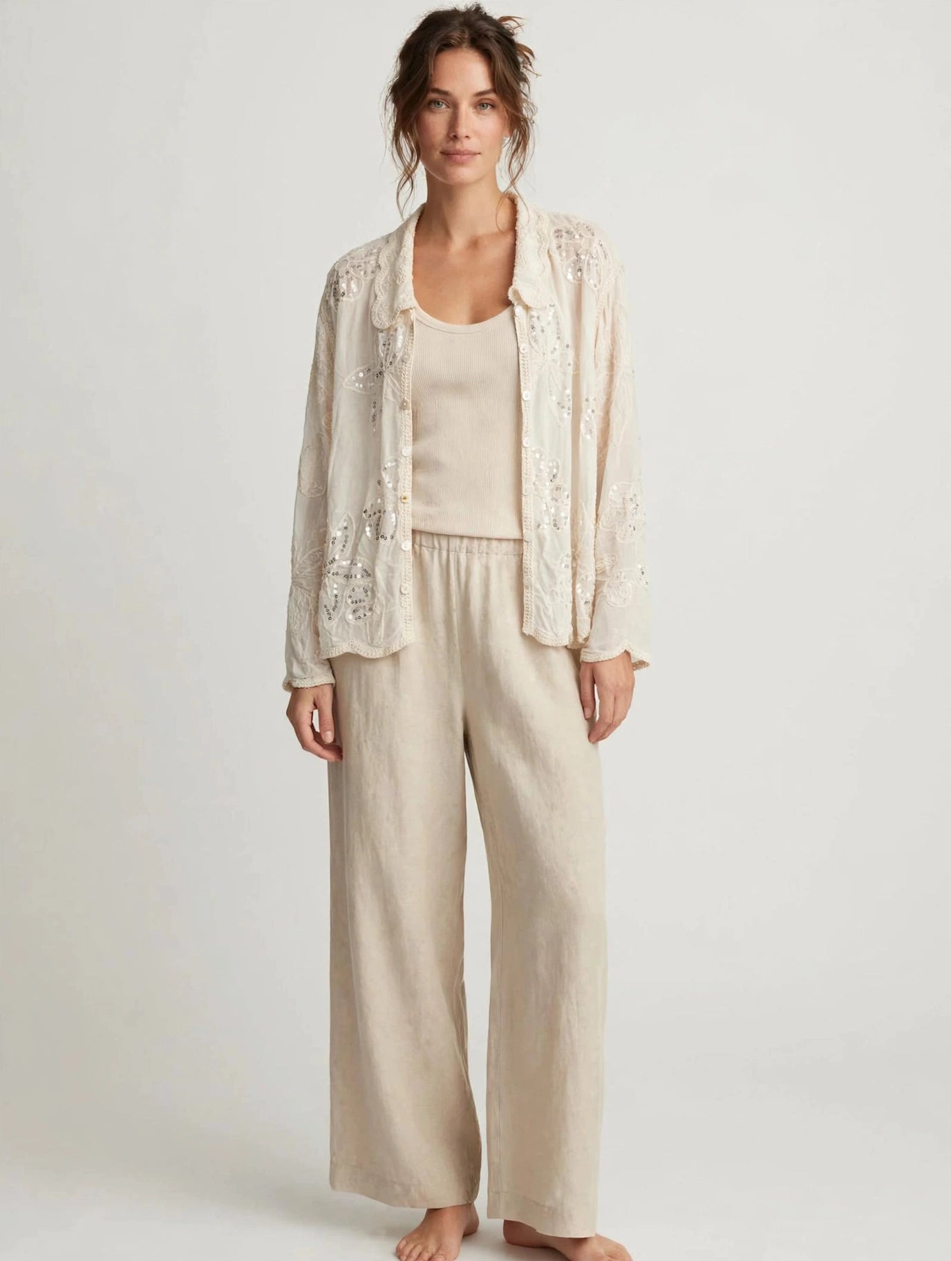 Glamè Beige Embroidered Sequin Chiffon Blouse with Lace Collar #00298