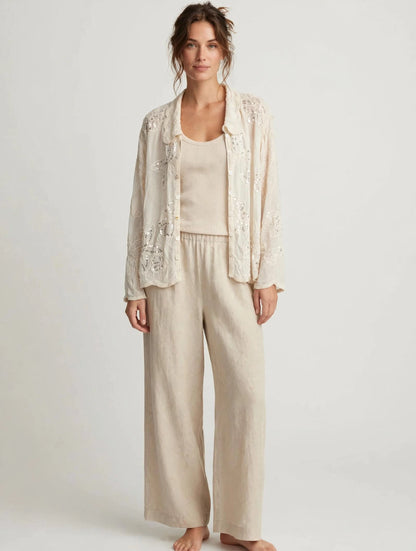Glamè Beige Embroidered Sequin Chiffon Blouse with Lace Collar #00298