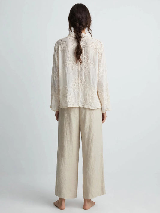 Glamè Beige Embroidered Sequin Chiffon Blouse with Lace Collar #00298