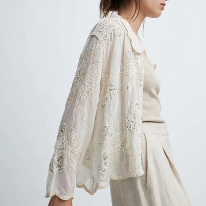 Glamè Beige Embroidered Sequin Chiffon Blouse with Lace Collar #00298