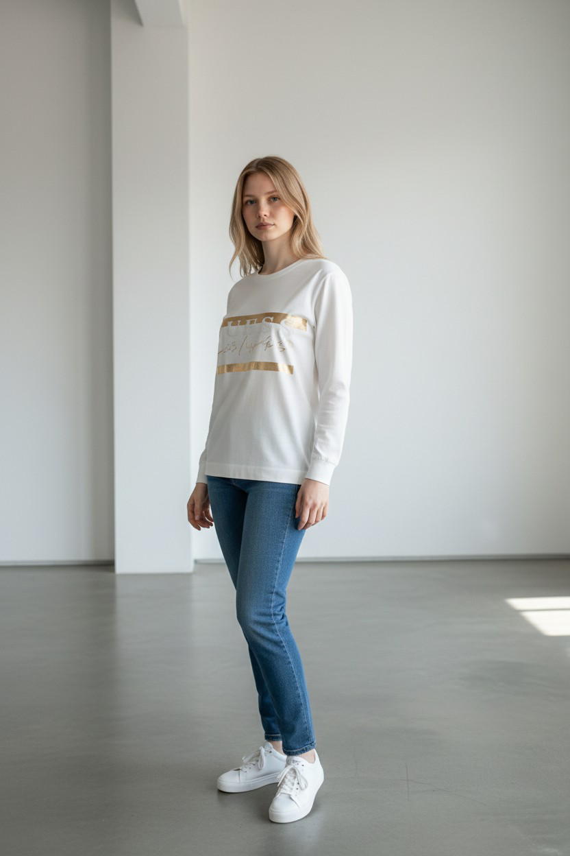 Guess White T-Shirt with Gold Stripe/ #0038