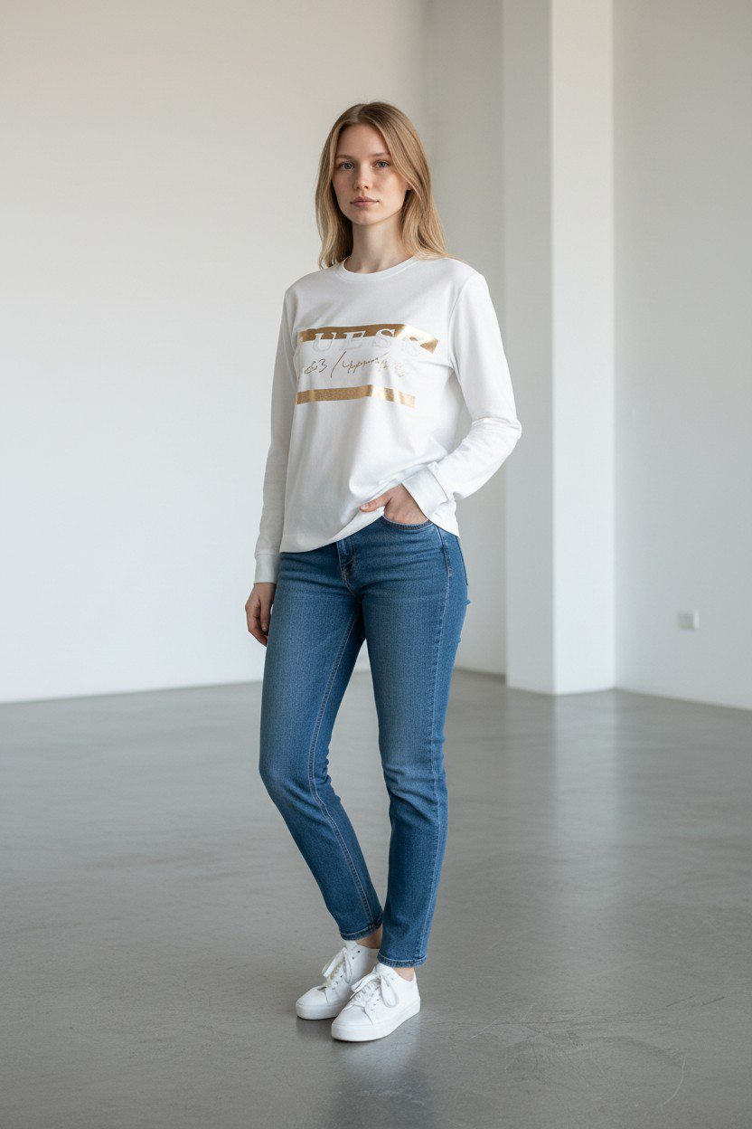 Guess White T-Shirt with Gold Stripe/ #0038