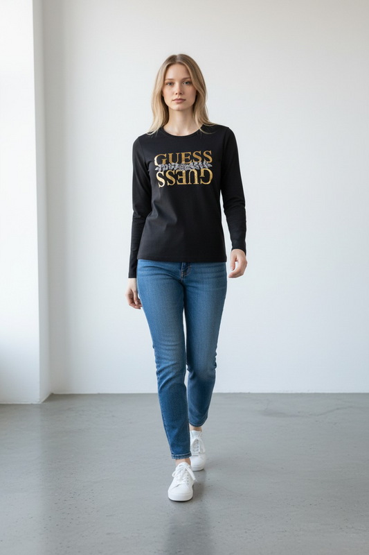 Guess Black T-Shirt with Gold Mirrored Logo/ #0039