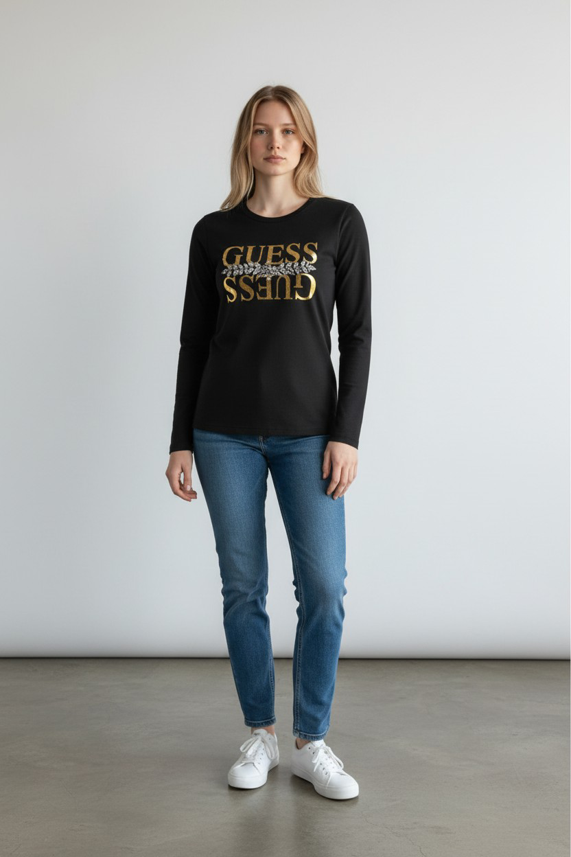 Guess Black T-Shirt with Gold Mirrored Logo/ #0039