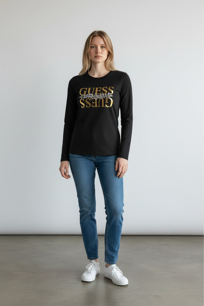 Guess Black T-Shirt with Gold Mirrored Logo/ #0039