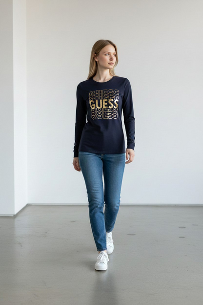 Guess Navy T-Shirt with Gold Logo/ #0040