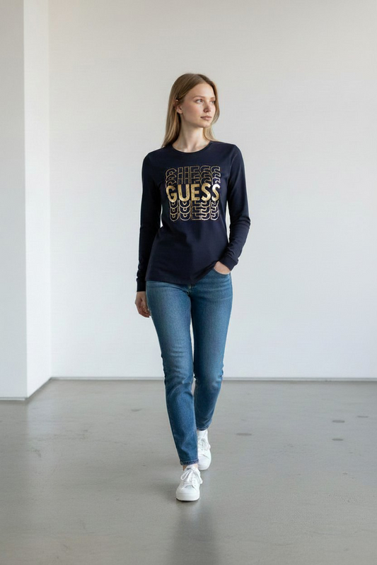Guess Navy T-Shirt with Gold Logo/ #0040