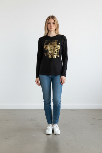 Guess Black T-Shirt with Gold Animal Print/ #0041