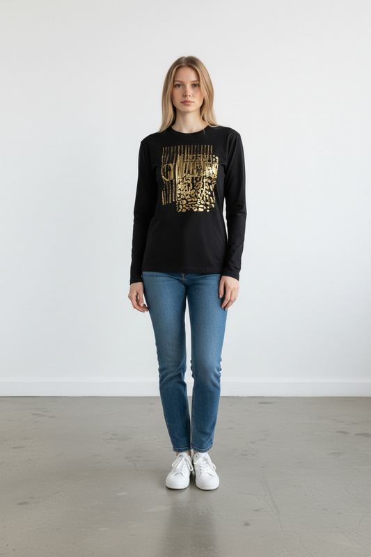 Guess Black T-Shirt with Gold Animal Print/ #0041