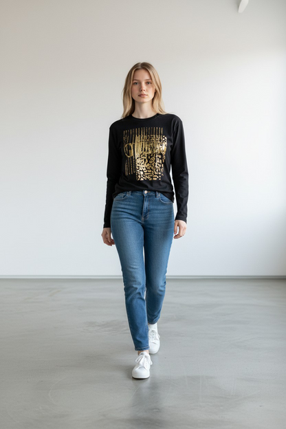 Guess Black T-Shirt with Gold Animal Print/ #0041