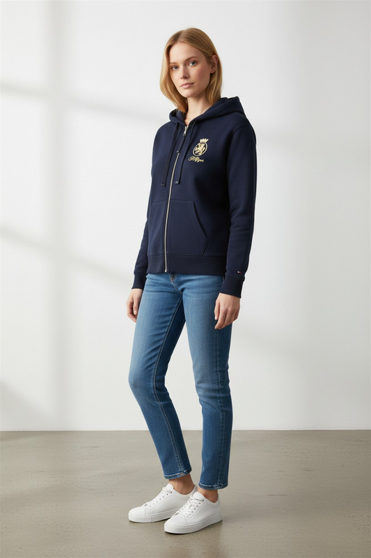 Tommy Hilfiger Navy Embroidered Crest Zip-Up Hoodie – #00225