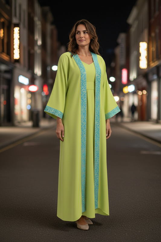 Lime Satin Kaftan with Turquoise Embroidery-#00229