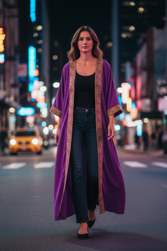 Purple Satin Kaftan with Gold Embroidery –#00227