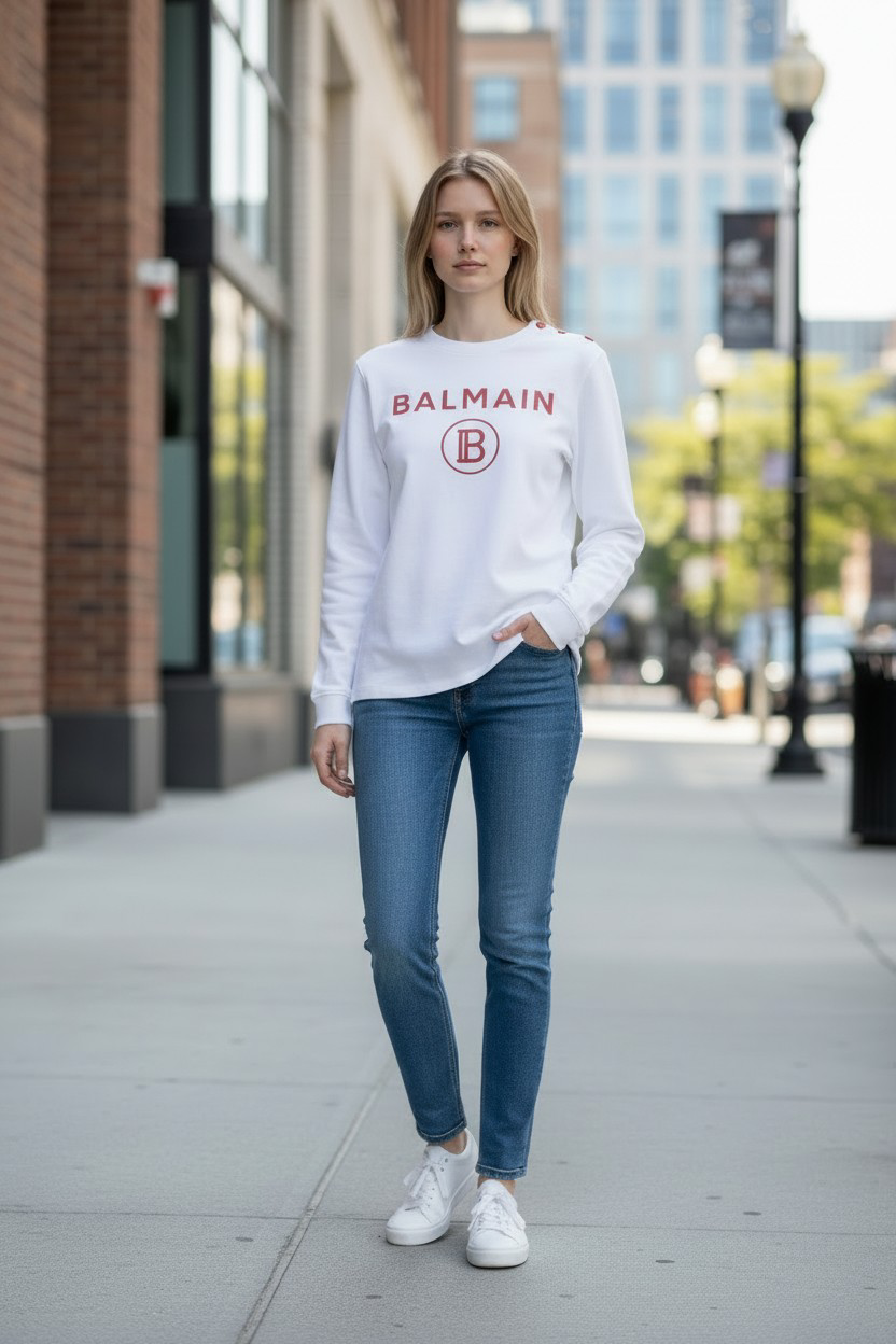 Balmain Logo Long Sleeve Cotton T-Shirt #00232