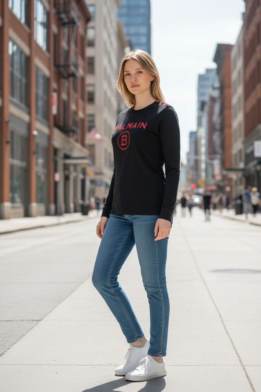 Balmain Logo Long Sleeve Cotton T-Shirt #00232