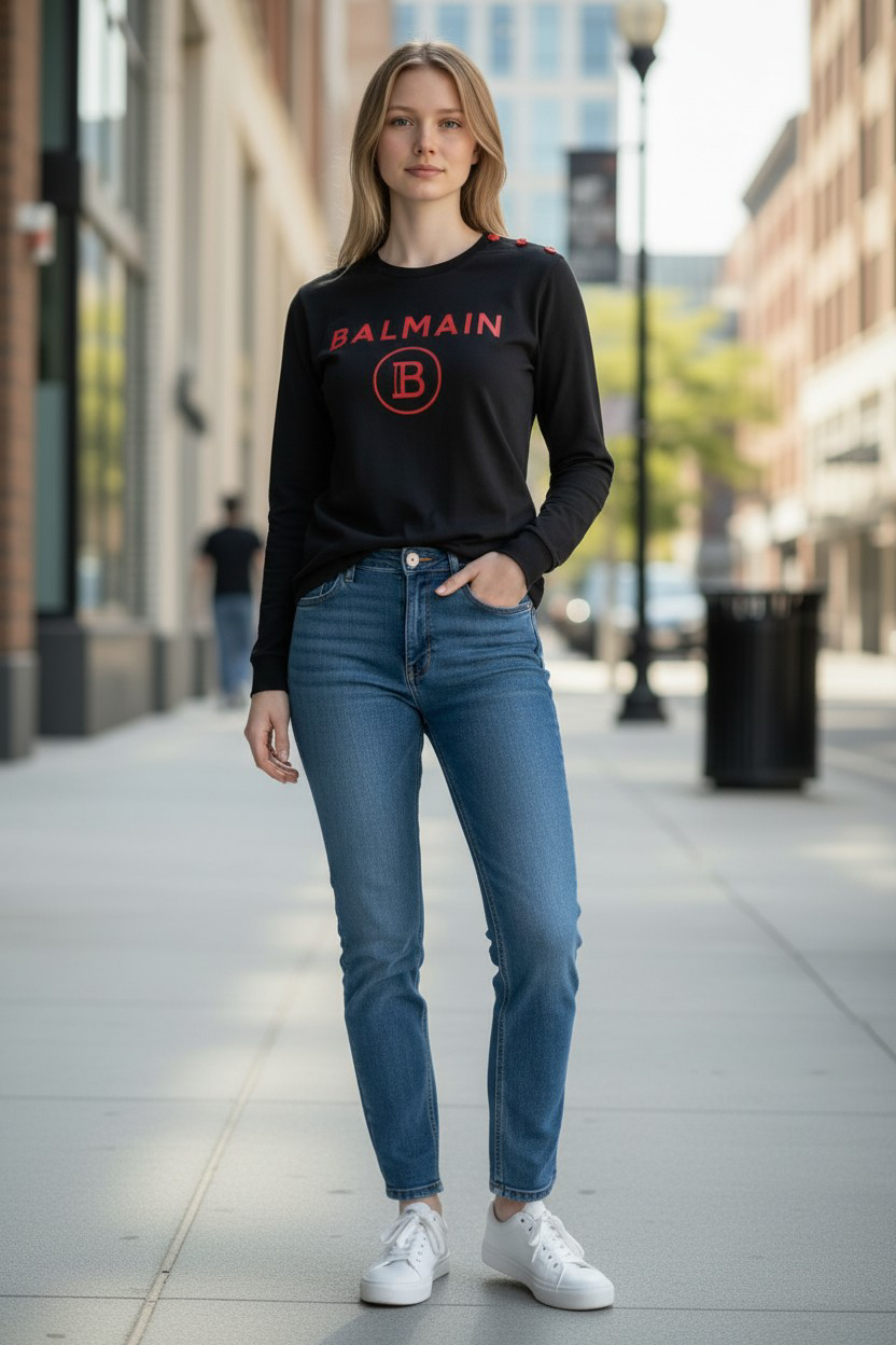 Balmain Logo Long Sleeve Cotton T-Shirt #00232