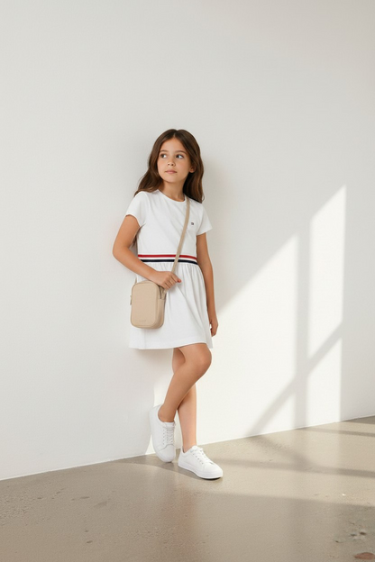Tommy Hilfiger Girls White Stripe Waist Dress-#00273