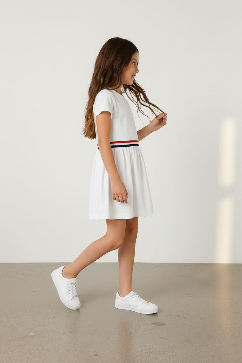 Tommy Hilfiger Girls White Stripe Waist Dress-#00273