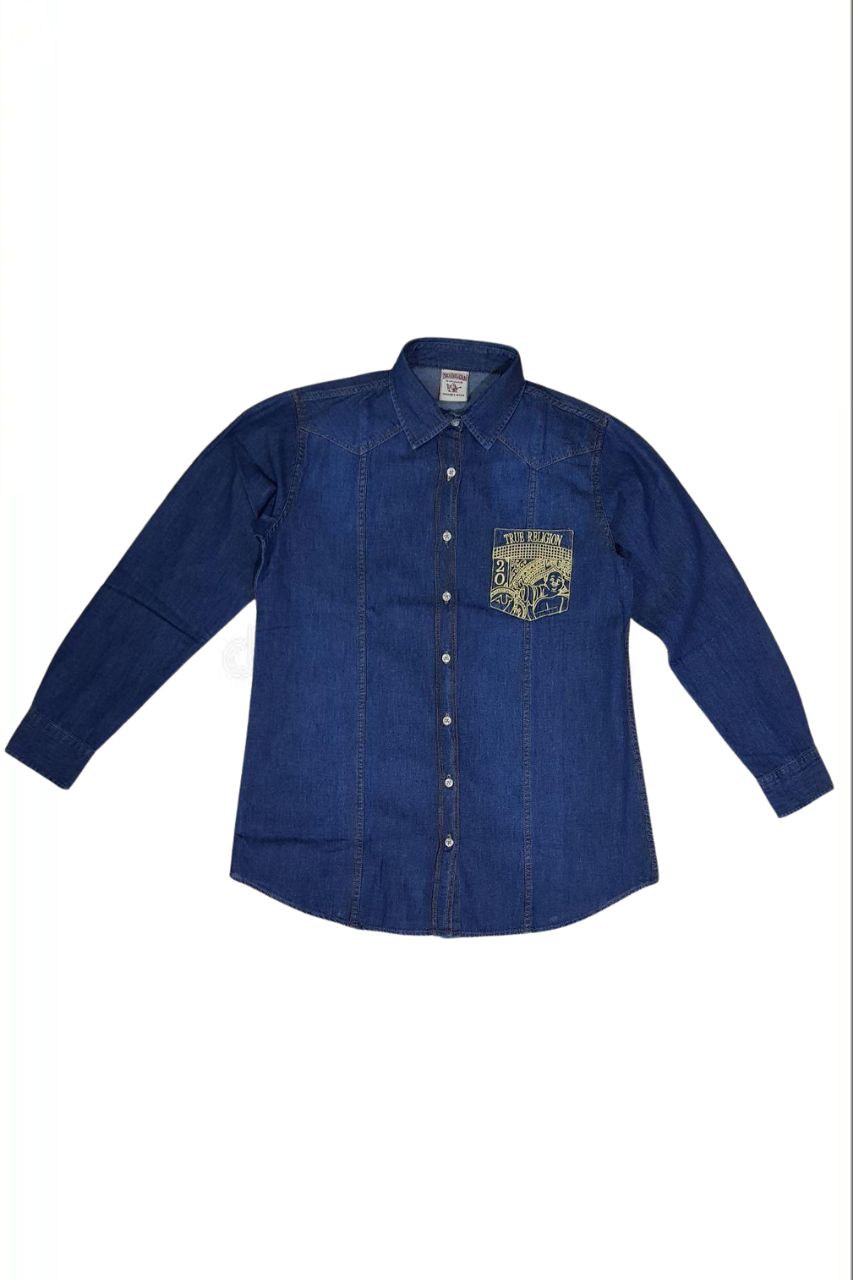 True Religion Women’s Denim Button-Down Shirt with Gold Buddha Embroidery  /#00195