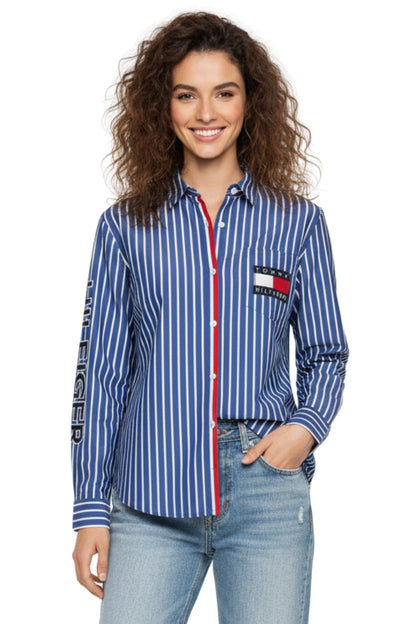 Tommy Hilfiger Blue Striped With Red Line Long Sleeve Shirt/ #0064