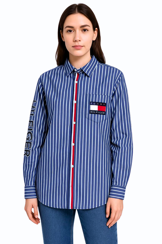 Tommy Hilfiger Blue Striped With Red Line Long Sleeve Shirt