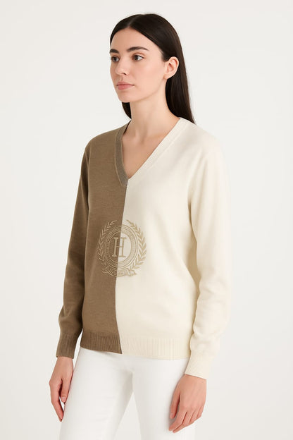 Tommy Hilfiger  Half-and-Half Crest V-Neck Sweater/ #0084