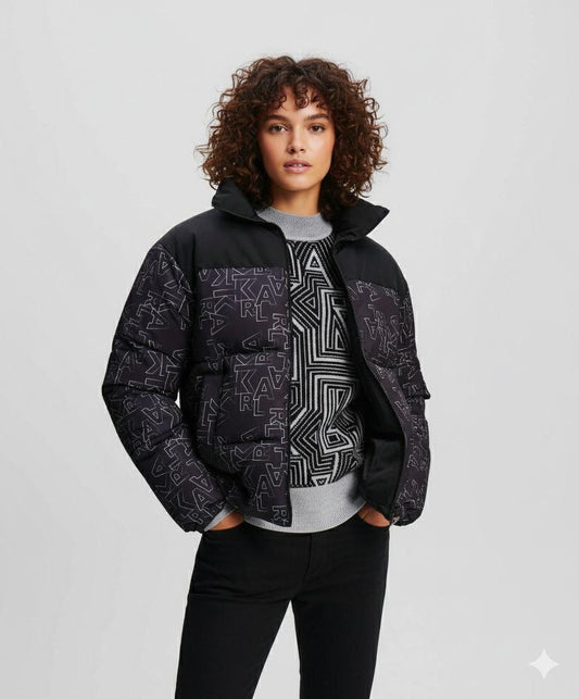 Karl Lagerfeld Black Monogram Puffer Jacket / #00184