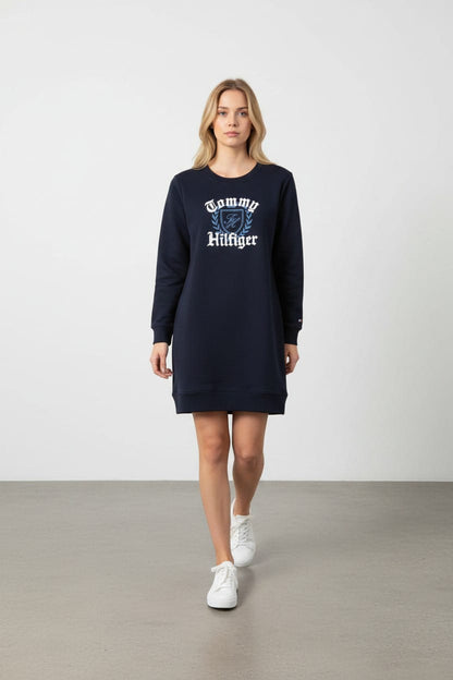 Women’s Short Sweatshirt Dress by Tommy Hilfiger – Navy Logo Print-#00275