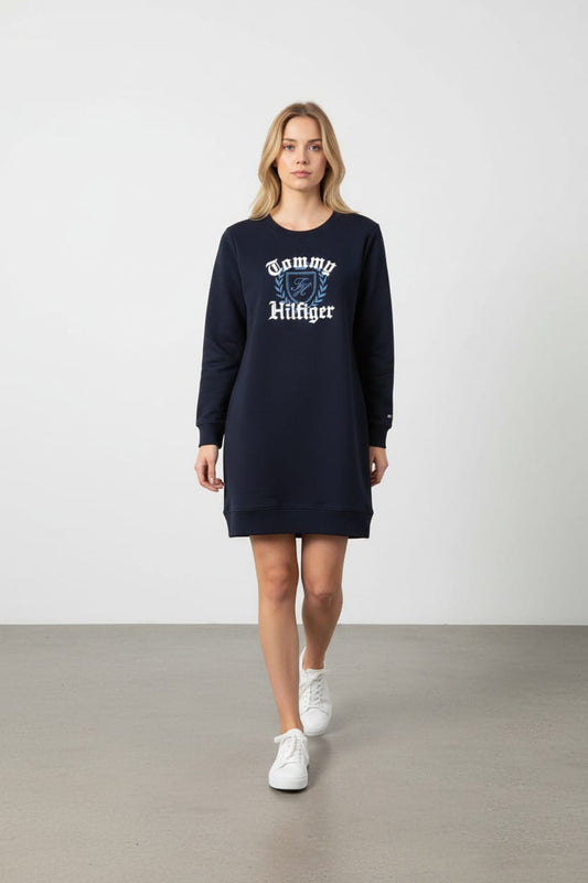 Women’s Short Sweatshirt Dress by Tommy Hilfiger – Navy Logo Print-#00275