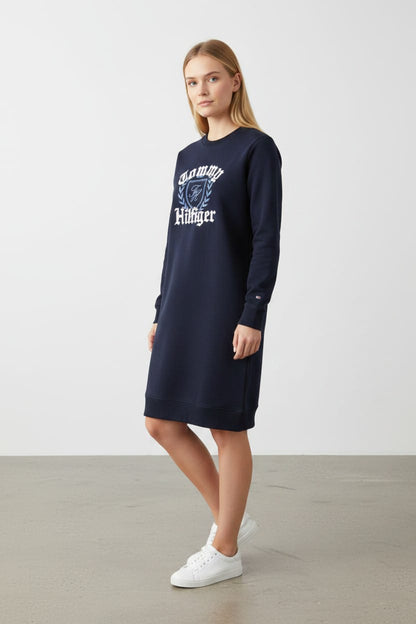 Women’s Short Sweatshirt Dress by Tommy Hilfiger – Navy Logo Print-#00275
