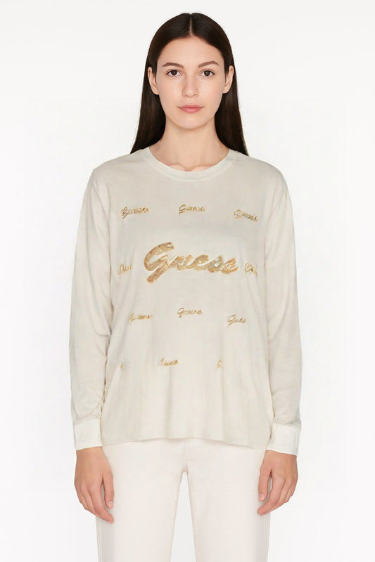Guess Women’s Cream Long Sleeve Top with Gold Logo Print
