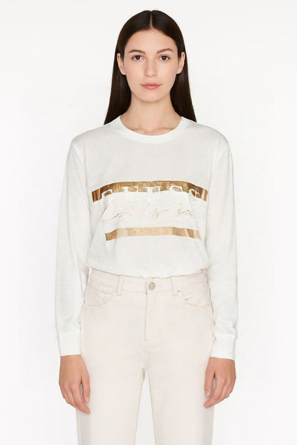 Guess White T-Shirt with Gold Stripe