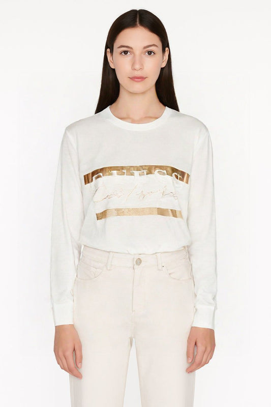 Guess White T-Shirt with Gold Stripe