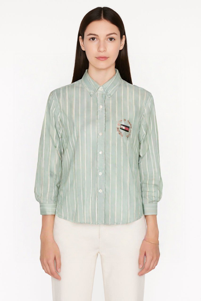 Tommy Hilfiger Mint Green Striped Shirt with Embroidered Crest
