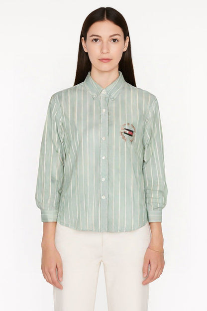 Tommy Hilfiger Mint Green Striped Shirt with Embroidered Crest
