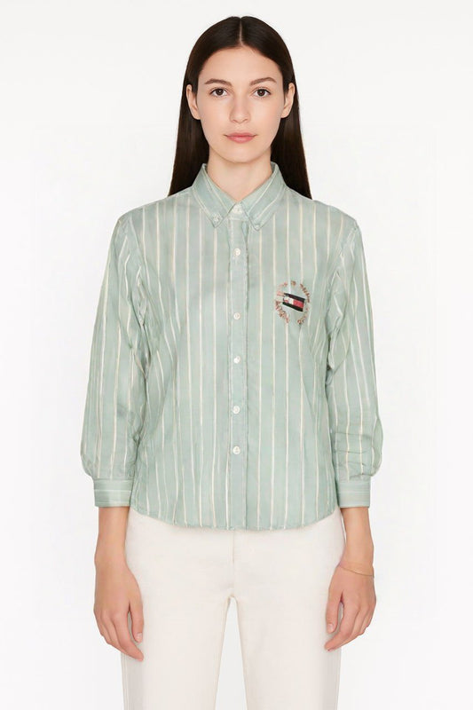 Tommy Hilfiger Mint Green Striped Shirt with Embroidered Crest