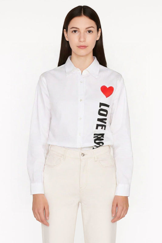 LOVE MOSCHINO Women’s White Button-Up Shirt with Heart & Love Print
