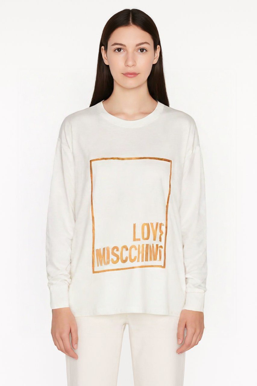 LOVE MOSCHINO White Long Sleeve T-Shirt with Metallic Logo Print