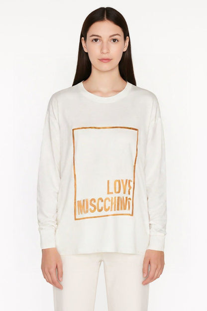 LOVE MOSCHINO White Long Sleeve T-Shirt with Metallic Logo Print
