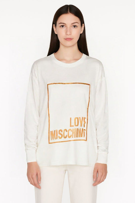 LOVE MOSCHINO White Long Sleeve T-Shirt with Metallic Logo Print