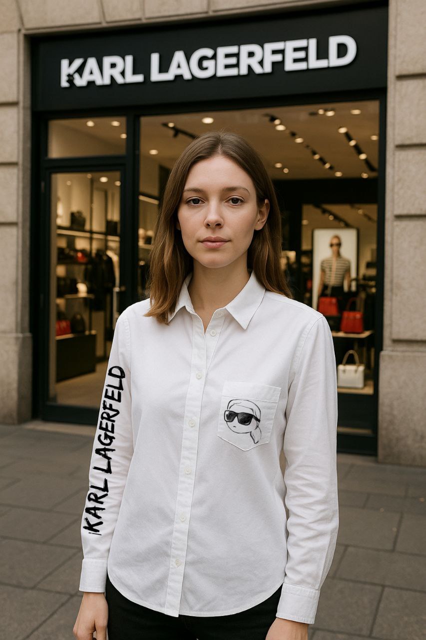 Woman wearing a white shirt with Karl Lagerfeld branding in front of a store.