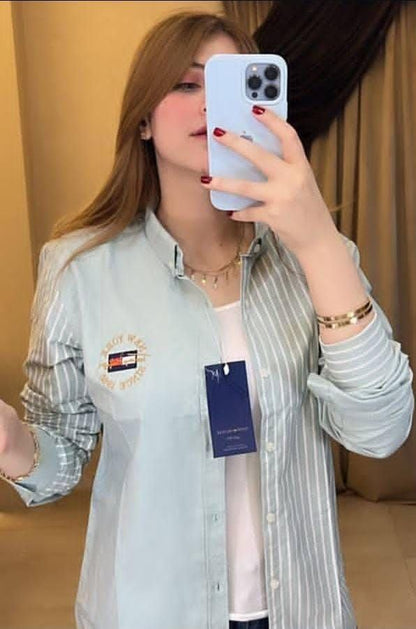 Tommy Hilfiger Mint Green Striped Shirt with Embroidered Crest