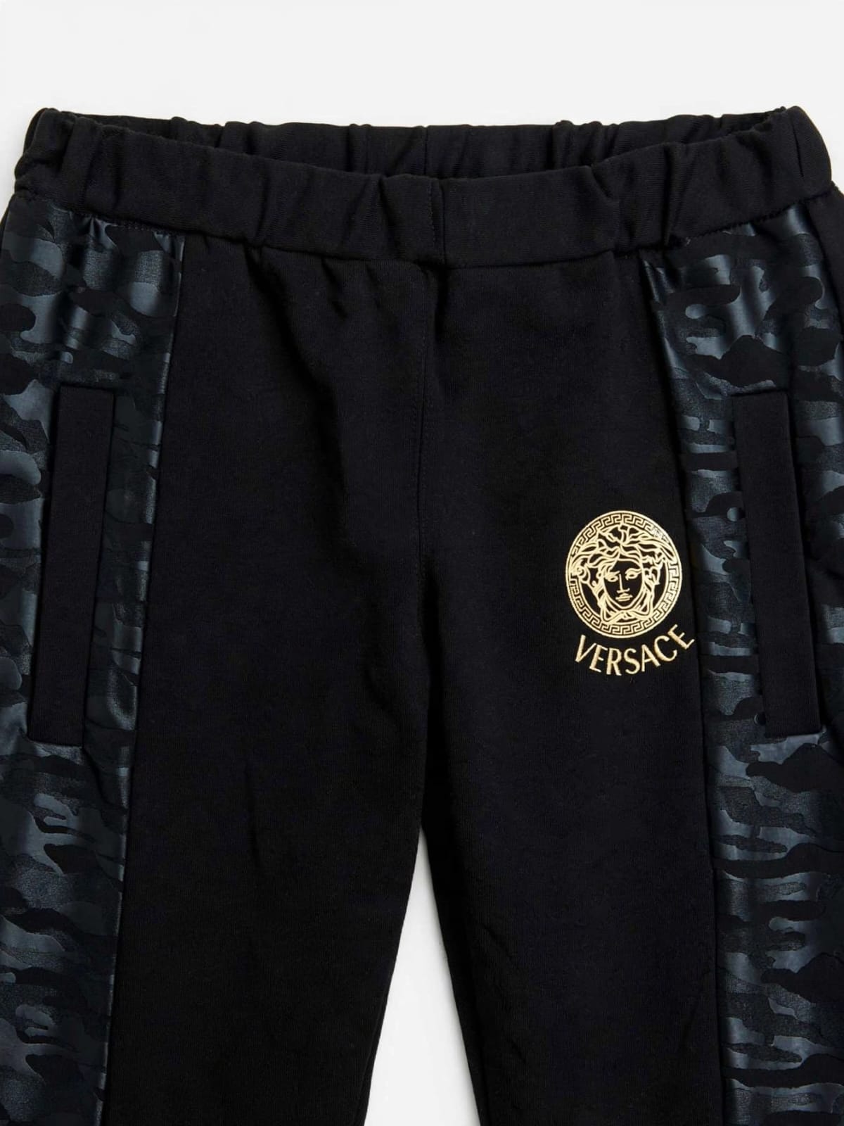 Versace Women's Medusa Track Pants - Black with Gold Logo & Greca Camo Side Panels #00351