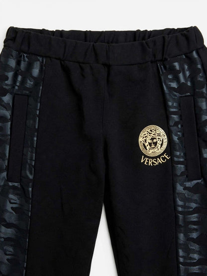Versace Women's Medusa Track Pants - Black with Gold Logo & Greca Camo Side Panels #00351