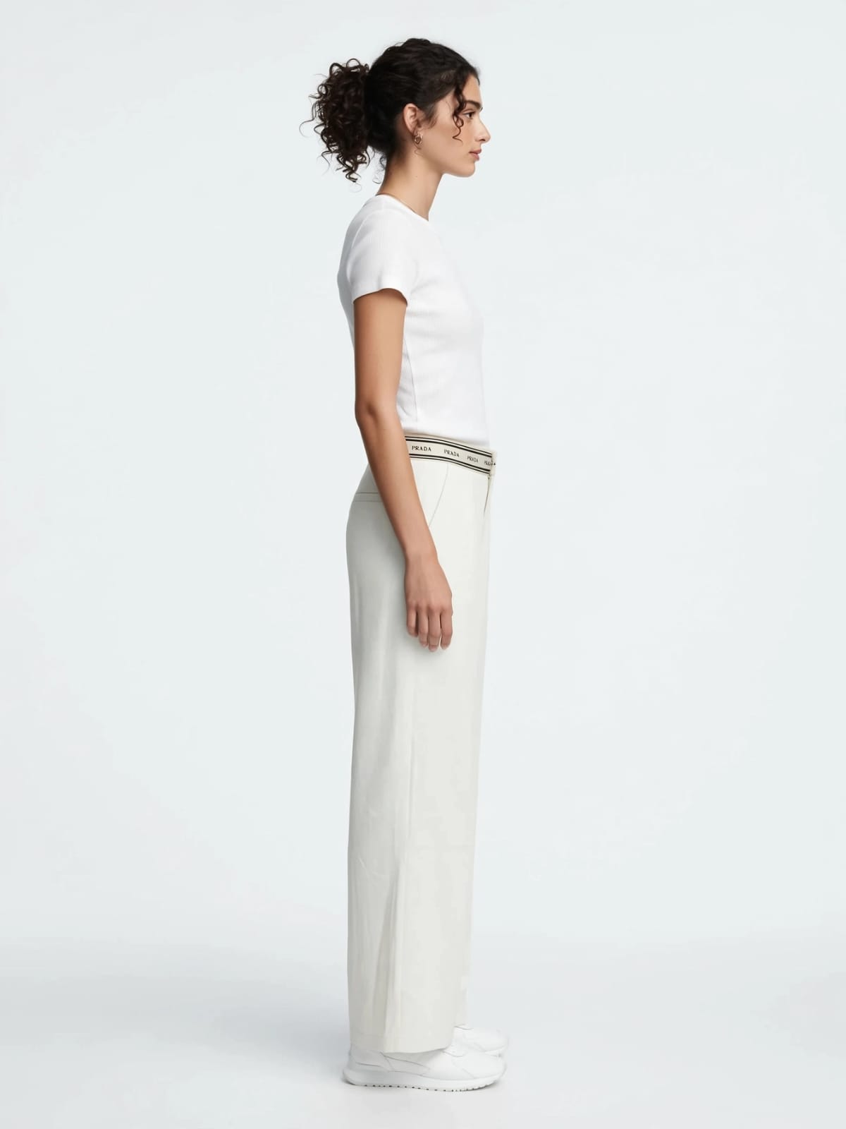 Prada Logo Waistband Wide-Leg Pants - Off White Triangle Logo #00353