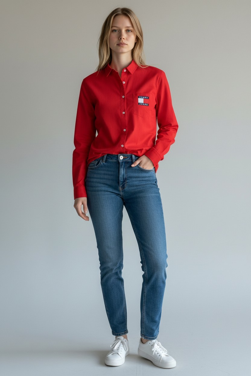 Classic Red Button-Up chemise – Tommy Jeans Logo Cotton Top#00343