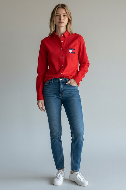 Classic Red Button-Up chemise – Tommy Jeans Logo Cotton Top#00343